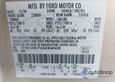 2010 Ford Escape Xls из США, поврежденный, VIN 1FMCU9C7XAKB40430